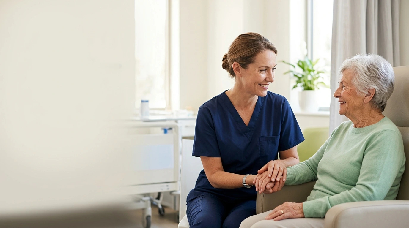 Nurse holding the hand of an elderly woman during a care visit