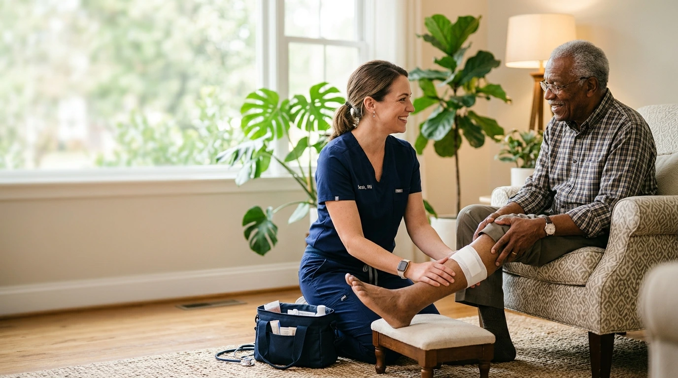 Wound care nurse treating an elderly man's leg at home