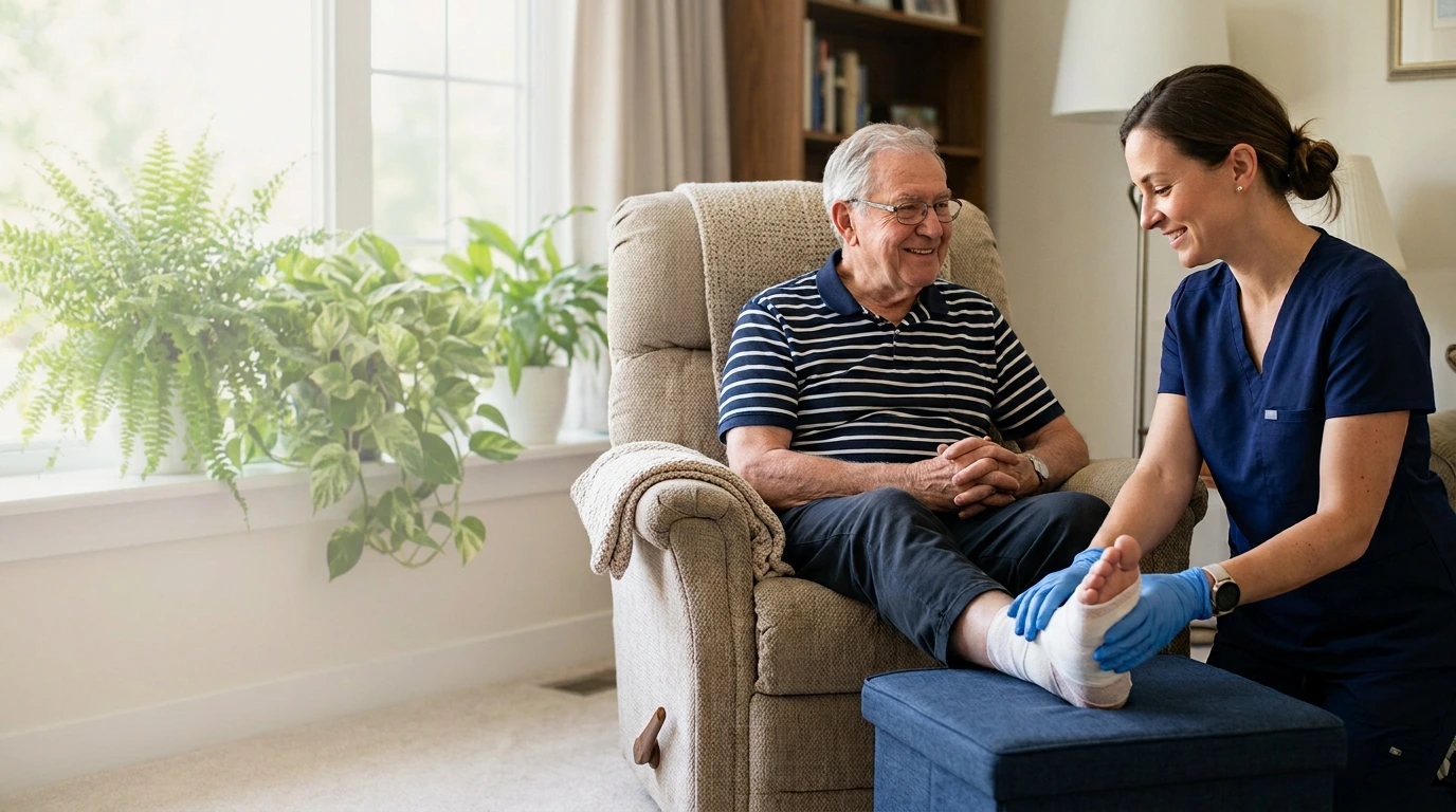 Nurse caring for a patient's diabetic foot at home