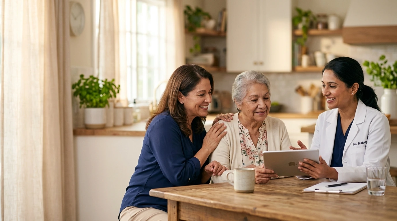 Physician explaining a wound care plan to a patient and her daughter