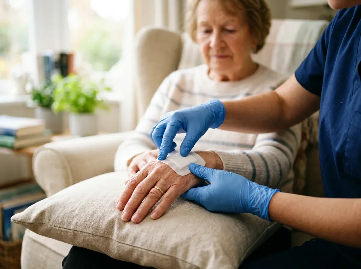 Gloved hands applying a fresh adhesive dressing to an elderly woman's hand