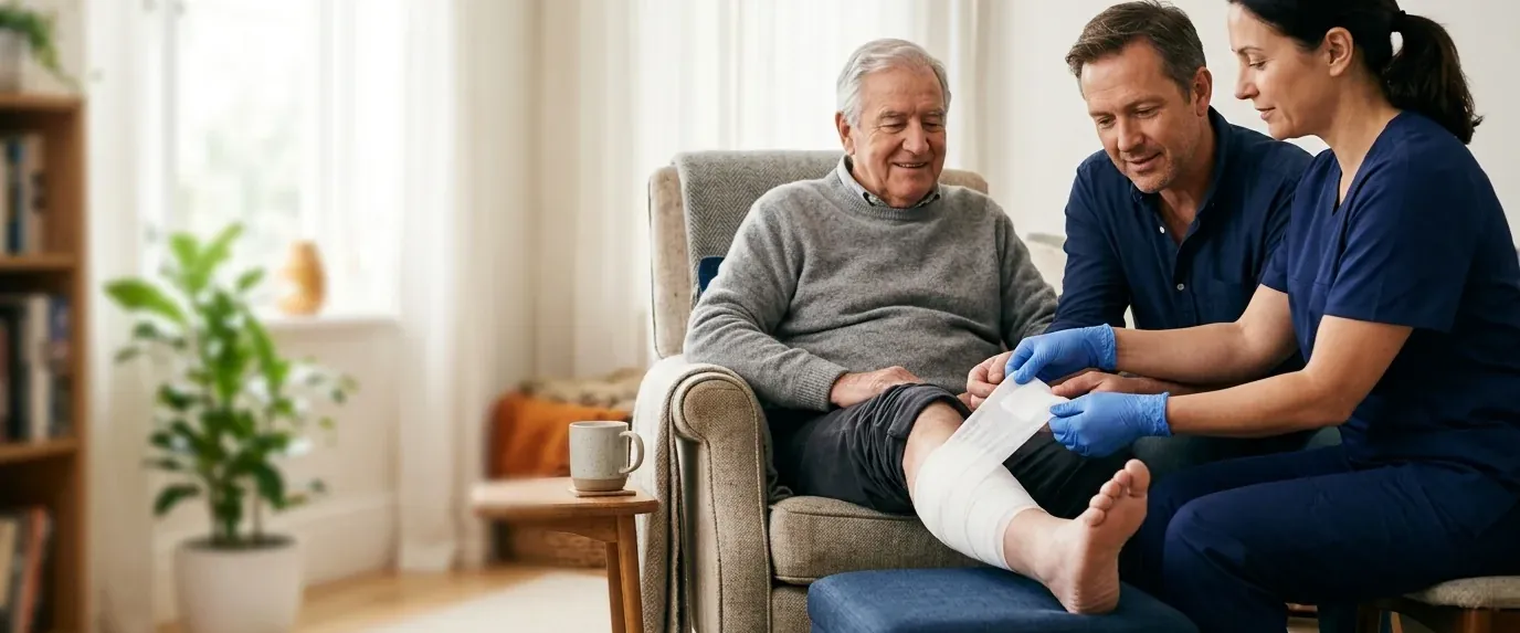Nurse teaching a man how to change the dressing on his father's leg at home