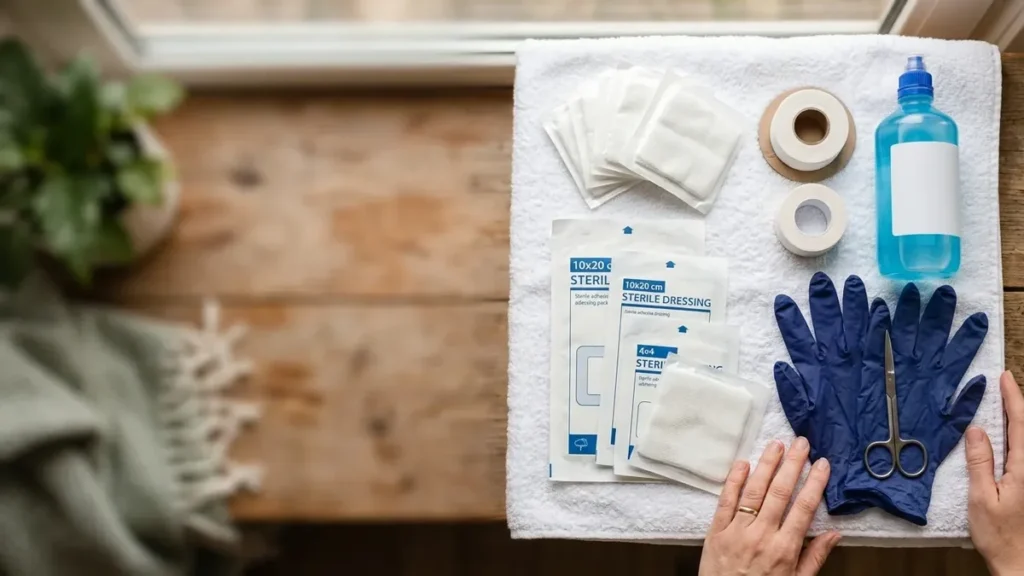 Wound dressing supplies laid out on a clean towel