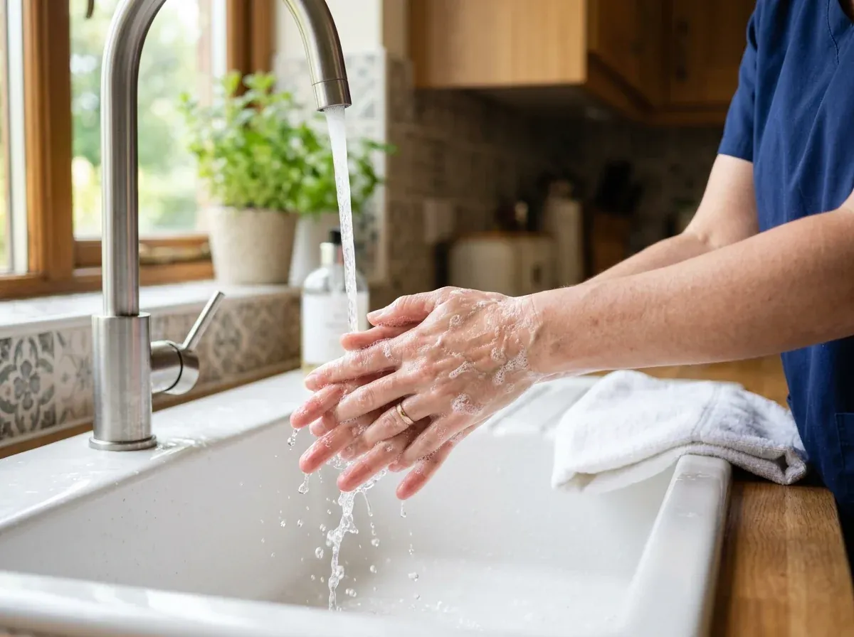 Washing hands thoroughly with soap before changing a wound dressing