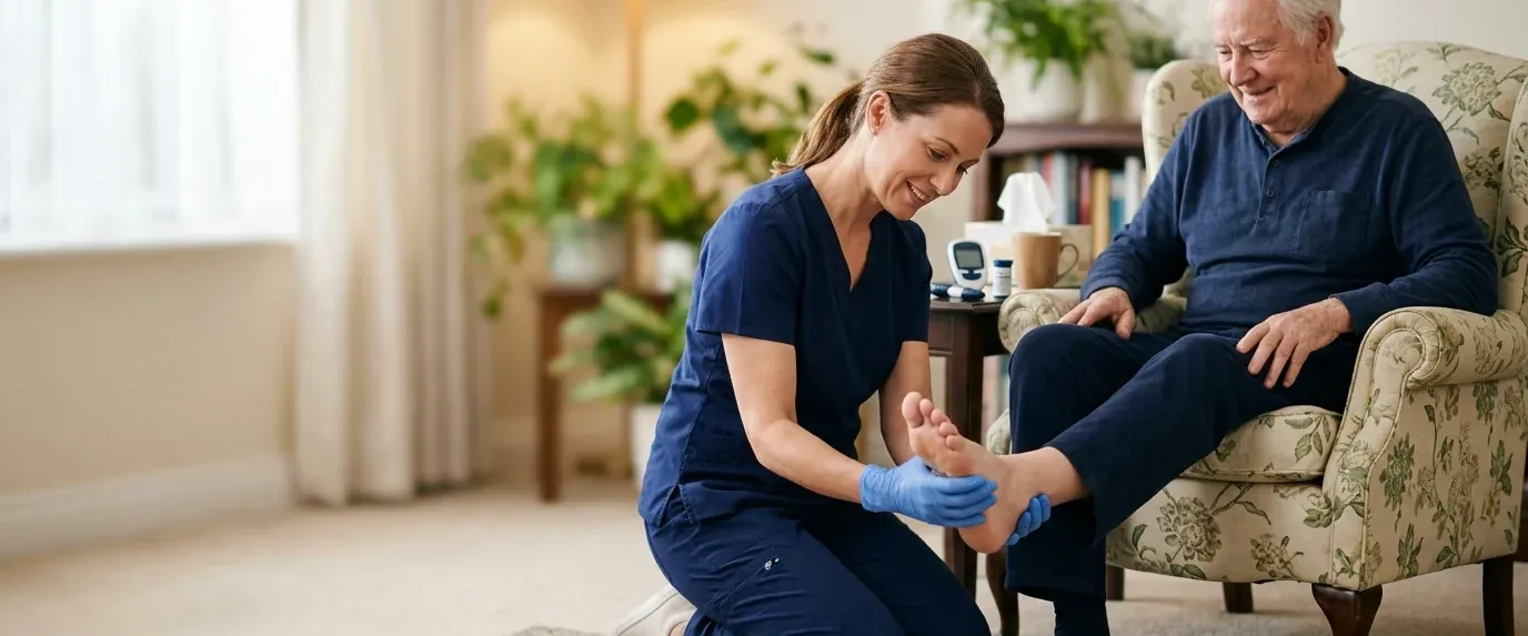 Nurse examining an elderly man's foot at home