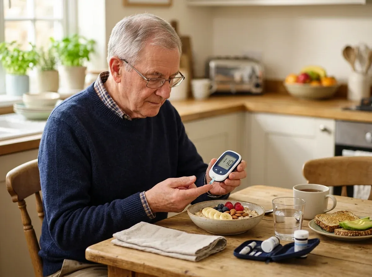 Elderly man checking his blood sugar with a glucose meter at breakfast
