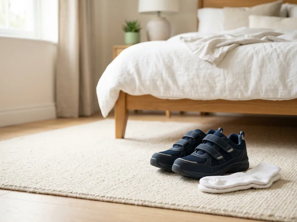 Supportive diabetic shoes and clean white seamless socks beside a bed