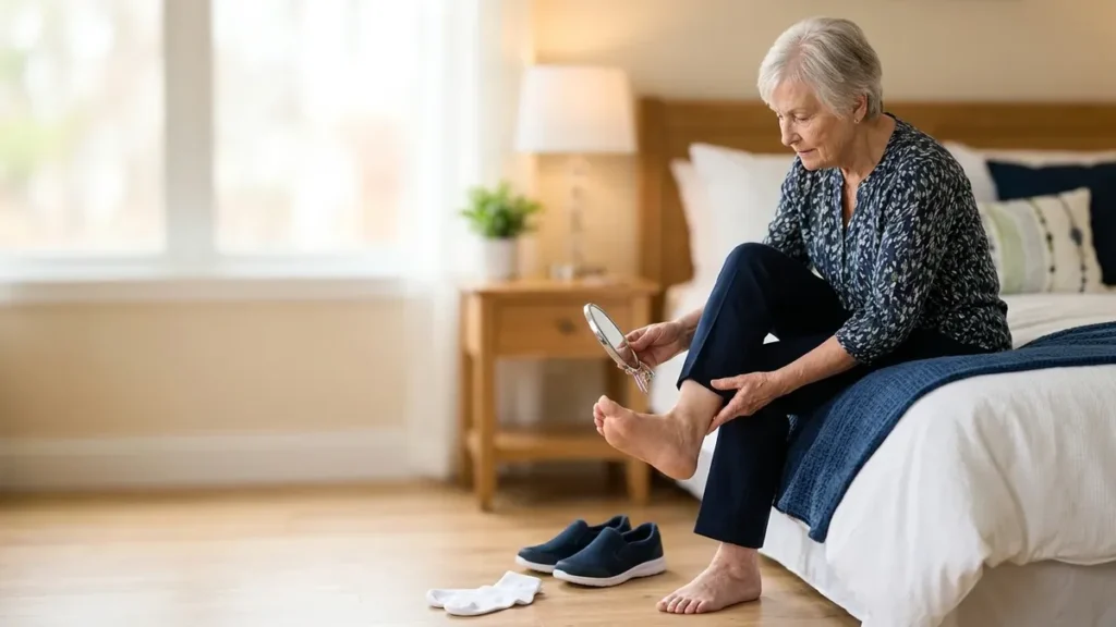 Elderly woman using a hand mirror to check the sole of her foot