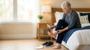 Elderly woman using a hand mirror to check the sole of her foot
