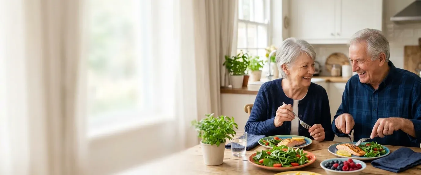 Elderly couple enjoying a healthy lunch of salmon, greens and berries at home