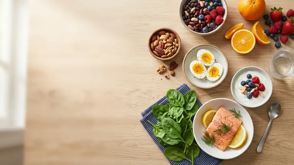 Healing foods on a table: salmon, eggs, yogurt, spinach and berries