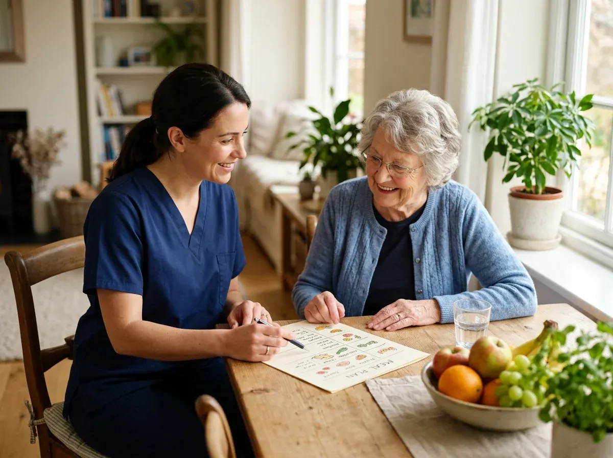 Nurse helping an elderly woman plan healthy meals at her dining table