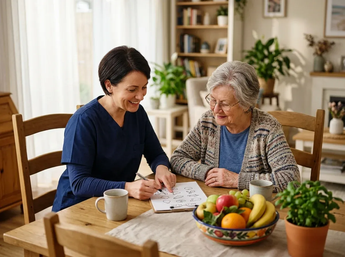 Nurse and elderly woman reviewing a simple meal plan together