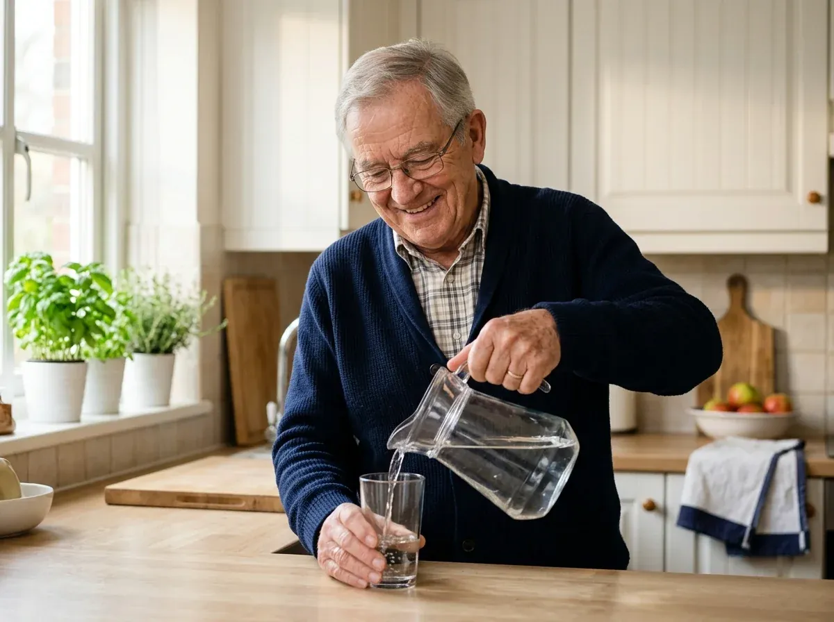 Smiling elderly man pouring a glass of water in his kitchen