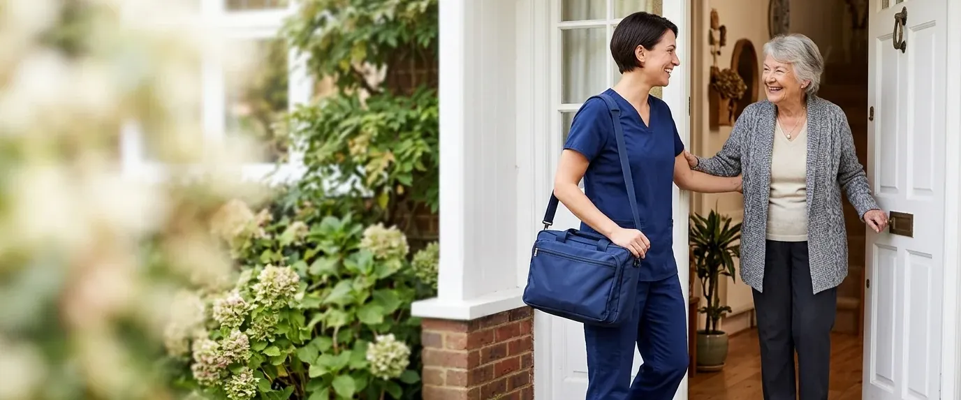 Nurse with a medical bag welcomed at the front door by an elderly woman