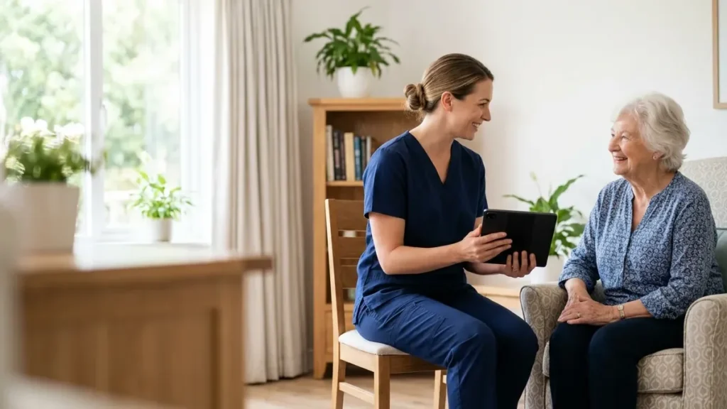Nurse visiting a smiling elderly woman in an assisted living room