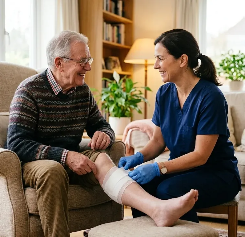 Nurse treating an elderly man's bandaged leg in his living room