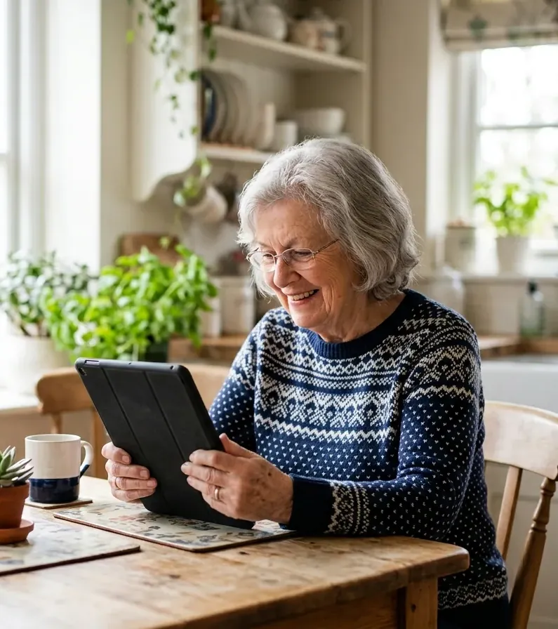 Elderly woman smiling during a telehealth follow-up on her tablet