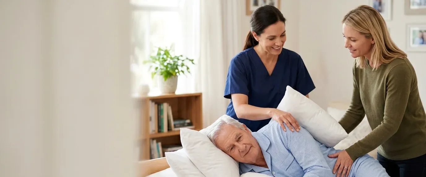 Nurse and daughter helping an elderly man turn onto his side in bed