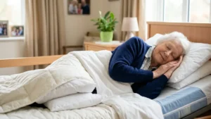 Elderly woman resting comfortably on her side in a home care bed