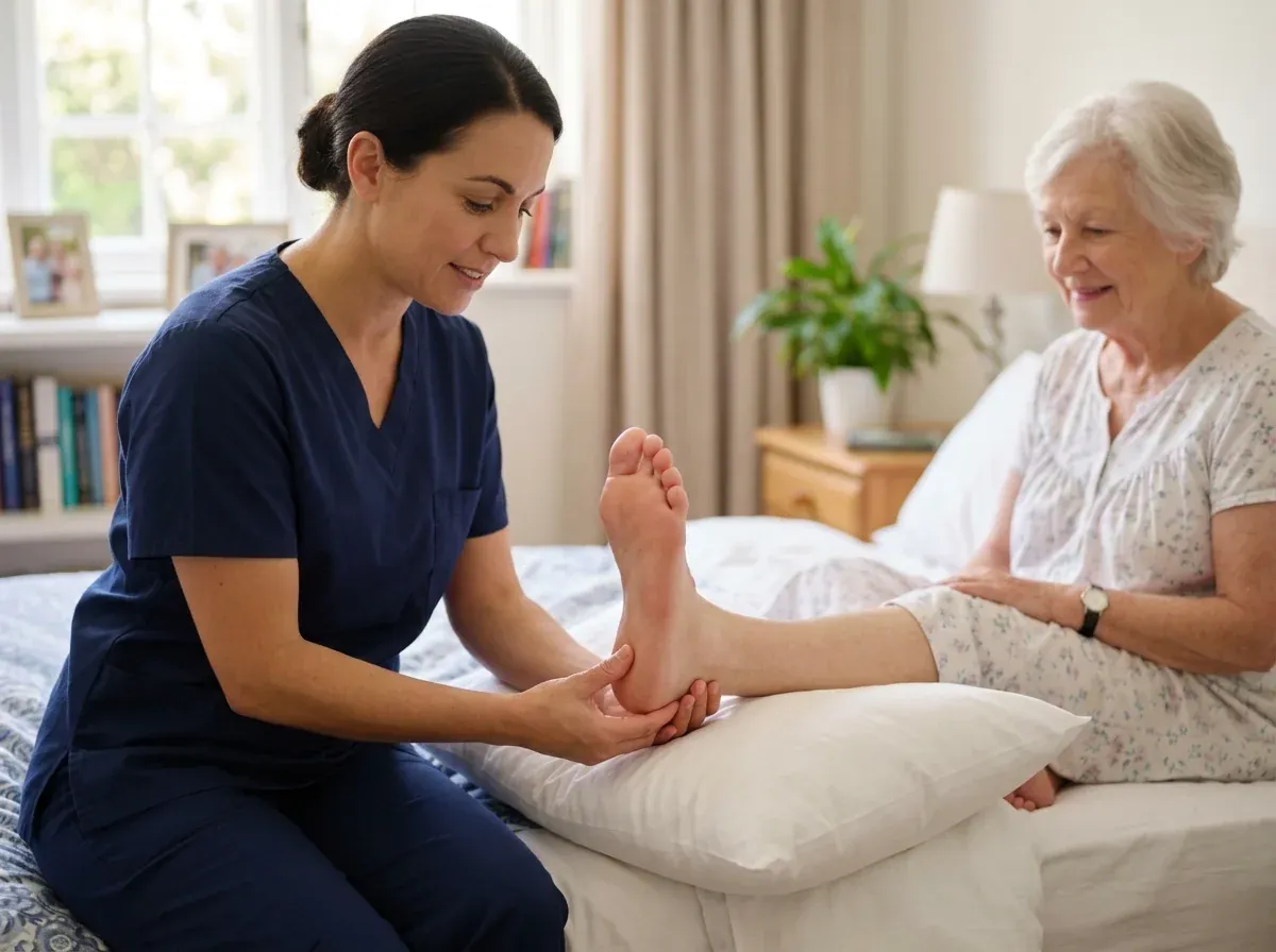 Nurse gently checking the skin on an elderly woman's heel