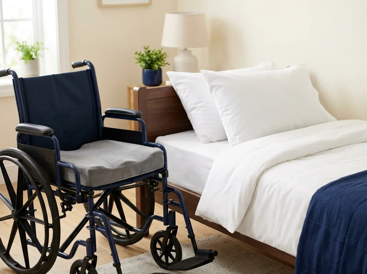 Pressure-relief cushion on a wheelchair next to a bed with soft white pillows