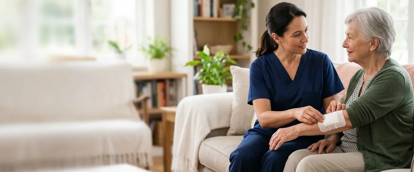 Nurse checking the dressing on an elderly woman's forearm at home