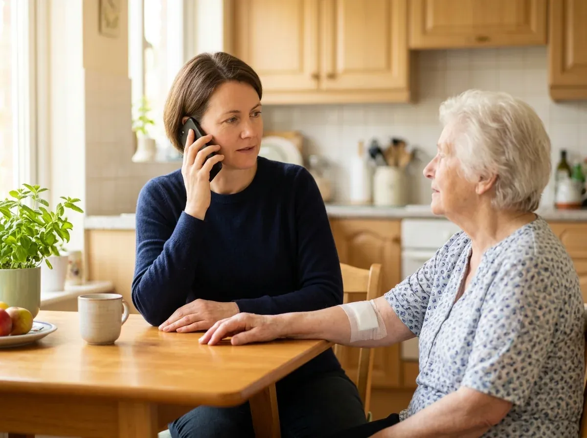 Adult daughter calling a wound care provider about her elderly mother's bandaged arm