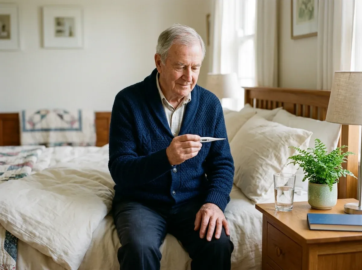 Elderly man checking his temperature with a digital thermometer at home